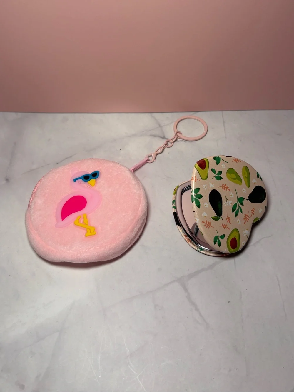 🥑 Pink Flamingo Plush Coin Pouch with Heart Shaped Avocado Print Compact Mirror